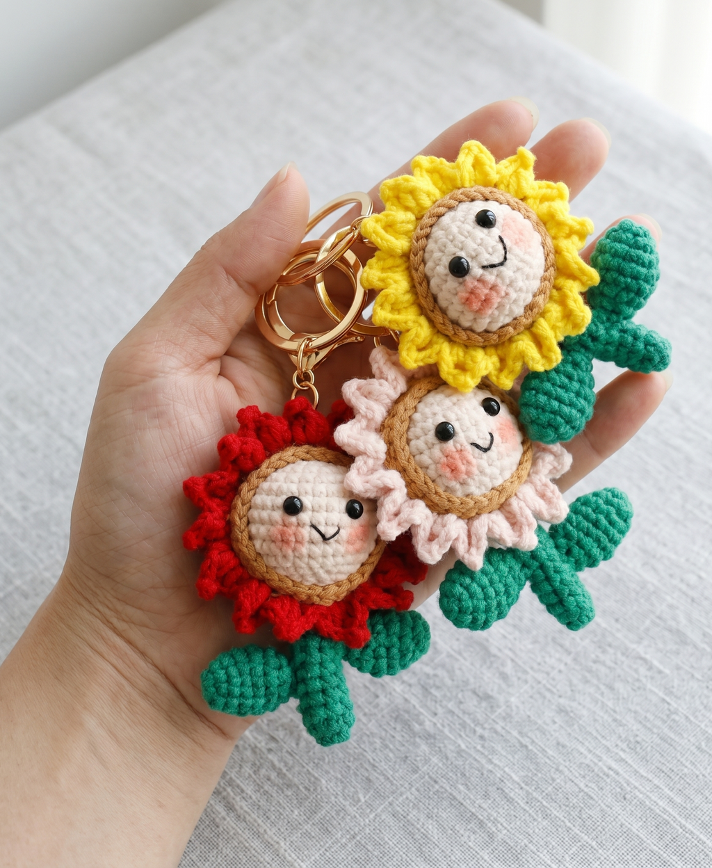 Handmade crochet cactus flower keyring in soft yarn