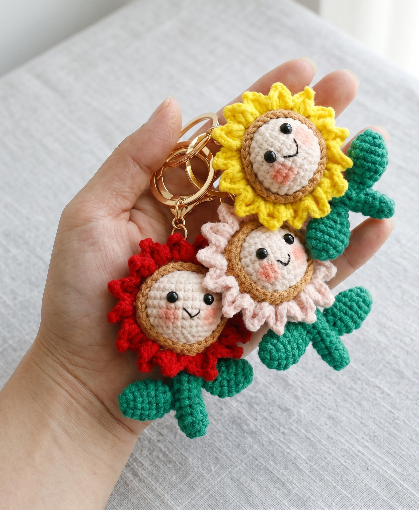 Handmade crochet cactus flower keyring in soft yarn