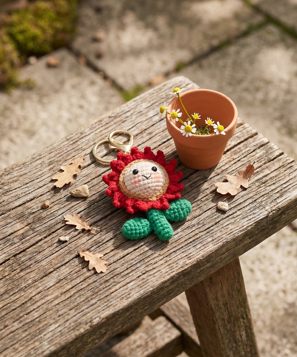 Handmade cactus flower crochet keyring close-up