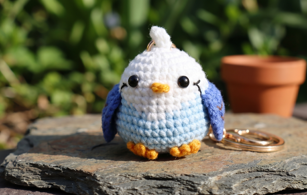 Handmade bird crochet keyring suitable as bag charm