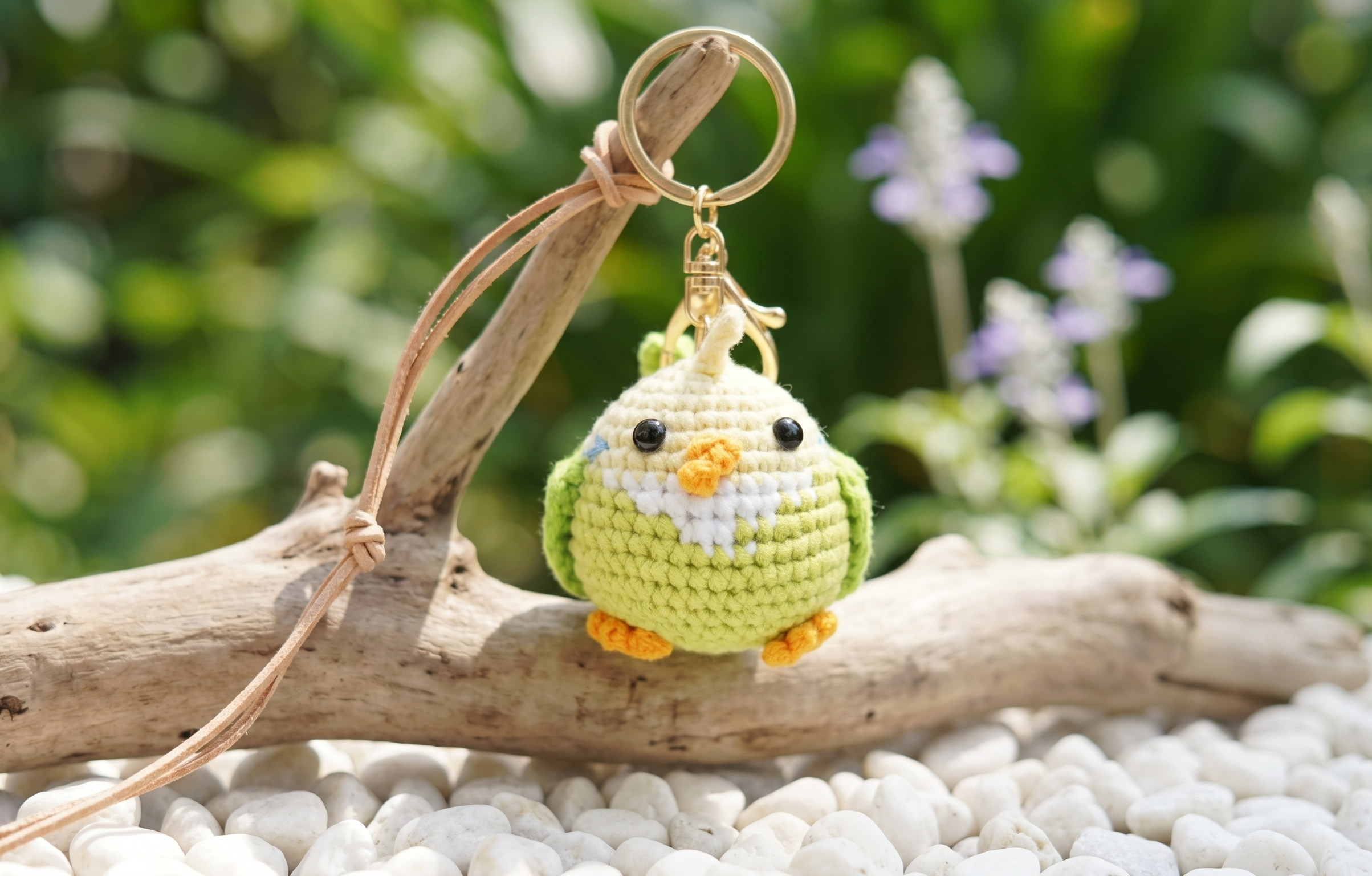 Crochet bird keyring on plain background
