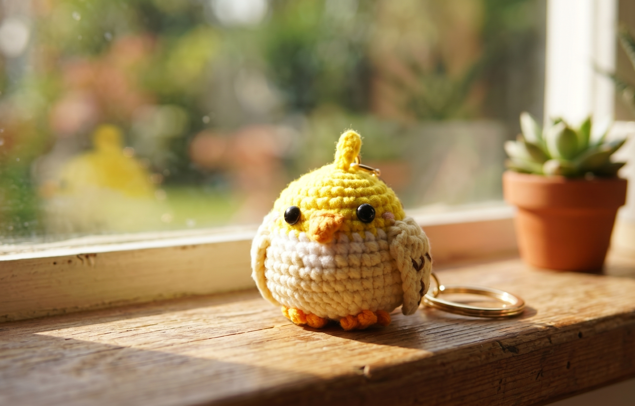 Handmade crochet bird keyring close-up detail