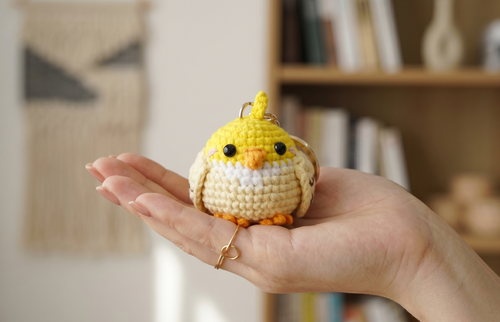 Handmade crochet bird keyring in soft yarn
