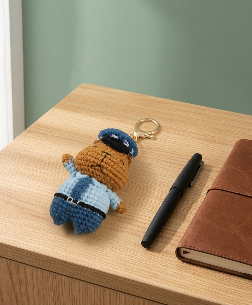 Handmade crochet capybara police officer keyring suitable as bag charm