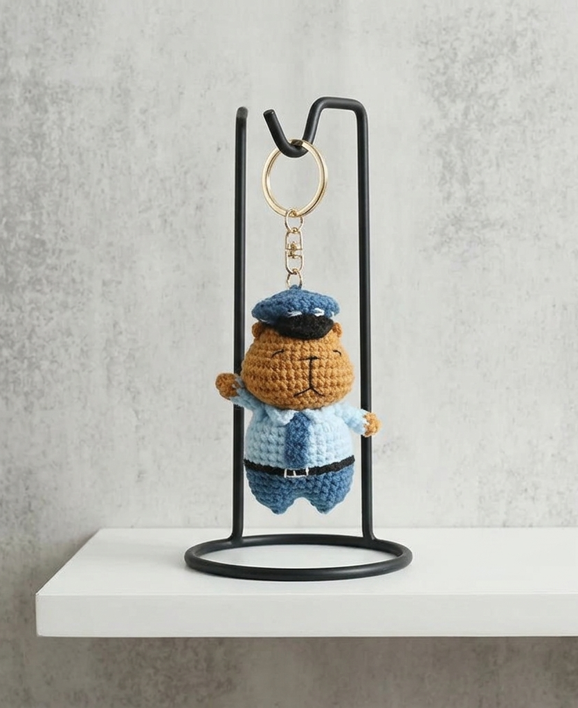 Handmade capybara officer crochet keyring close-up