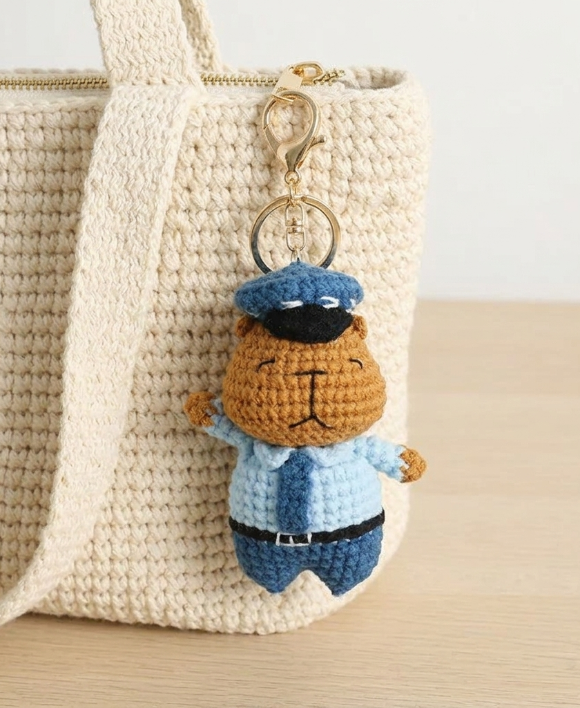 Crochet Capybara Police Officer Keyring