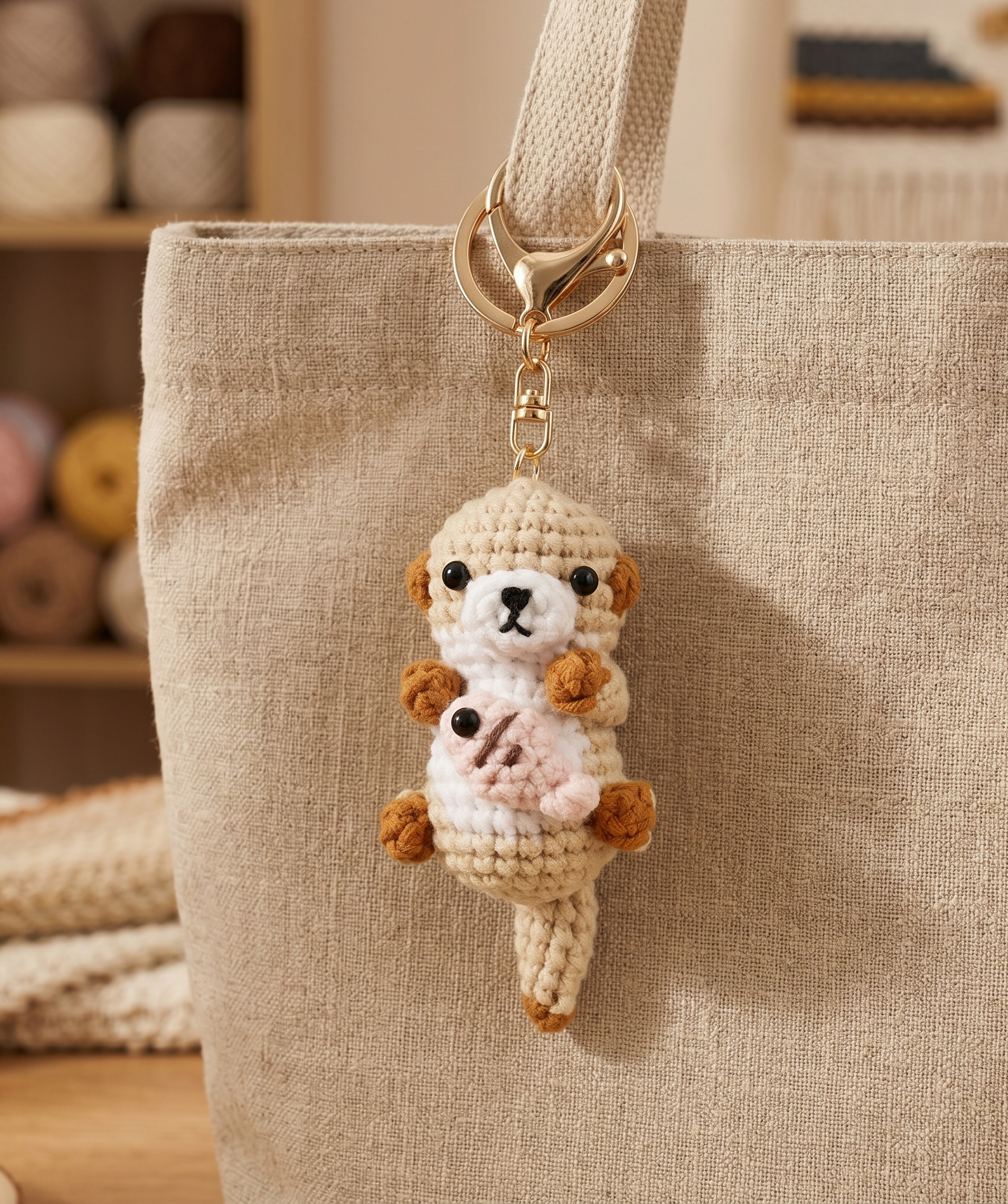 Handmade crochet sea otter keyring holding a fish in soft yarn