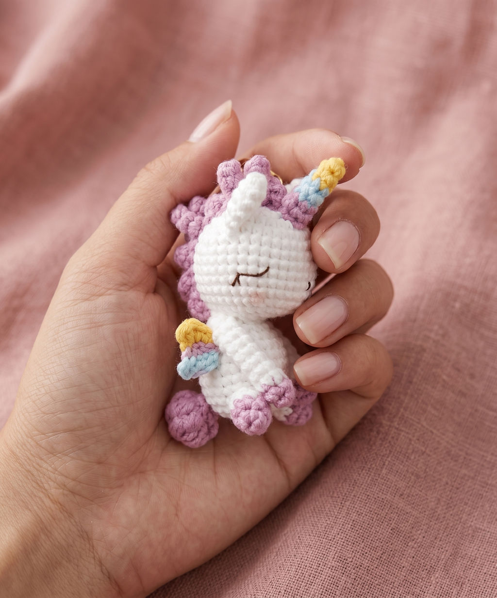 Handmade unicorn crochet keyring close-up face detail