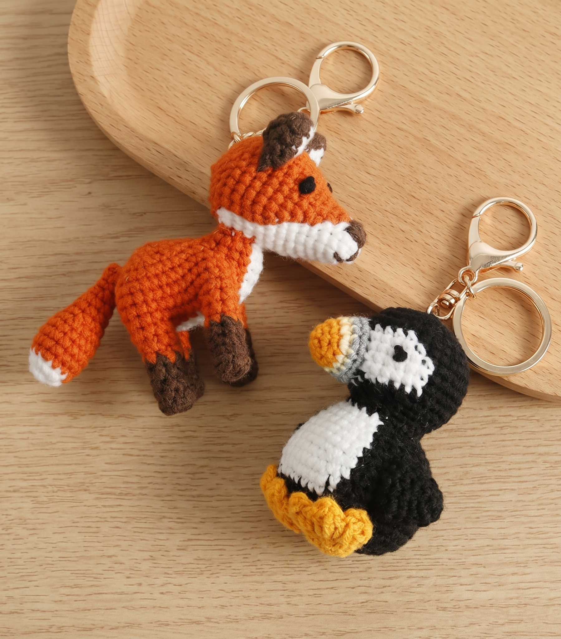 Large handmade crochet fox keyring in soft russet yarn
