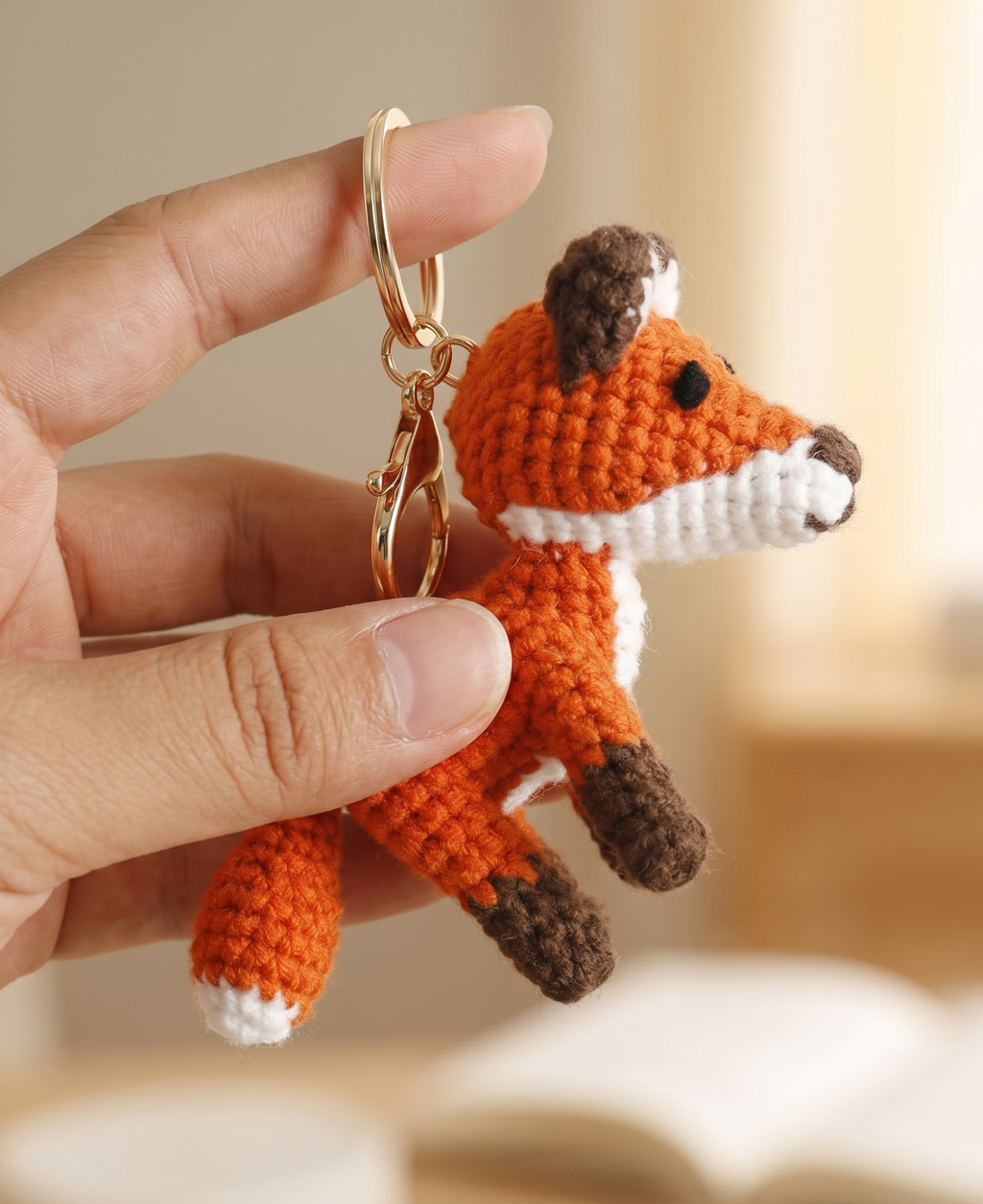 Crochet large fox keyring close-up showing face detail