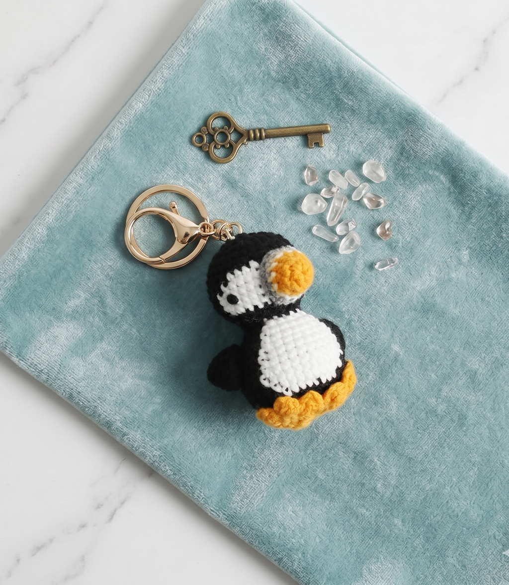 Handmade puffin crochet keyring on plain background