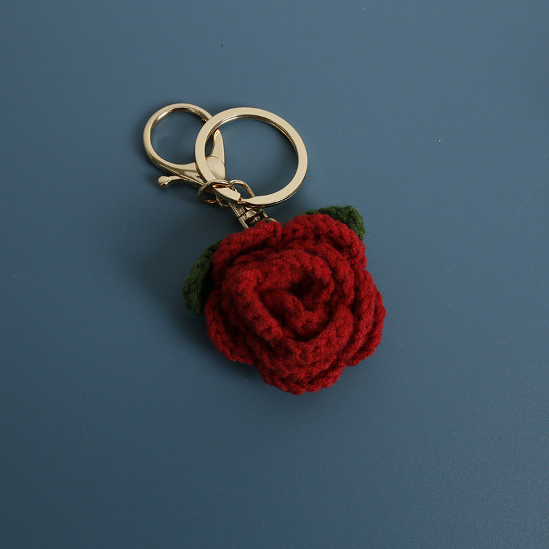 Crochet rose keyring showing layered petal detail