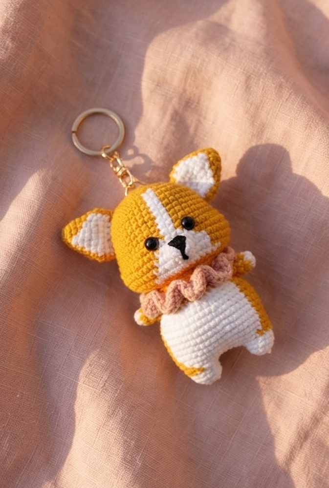 Crochet corgi keyring close-up showing embroidered face