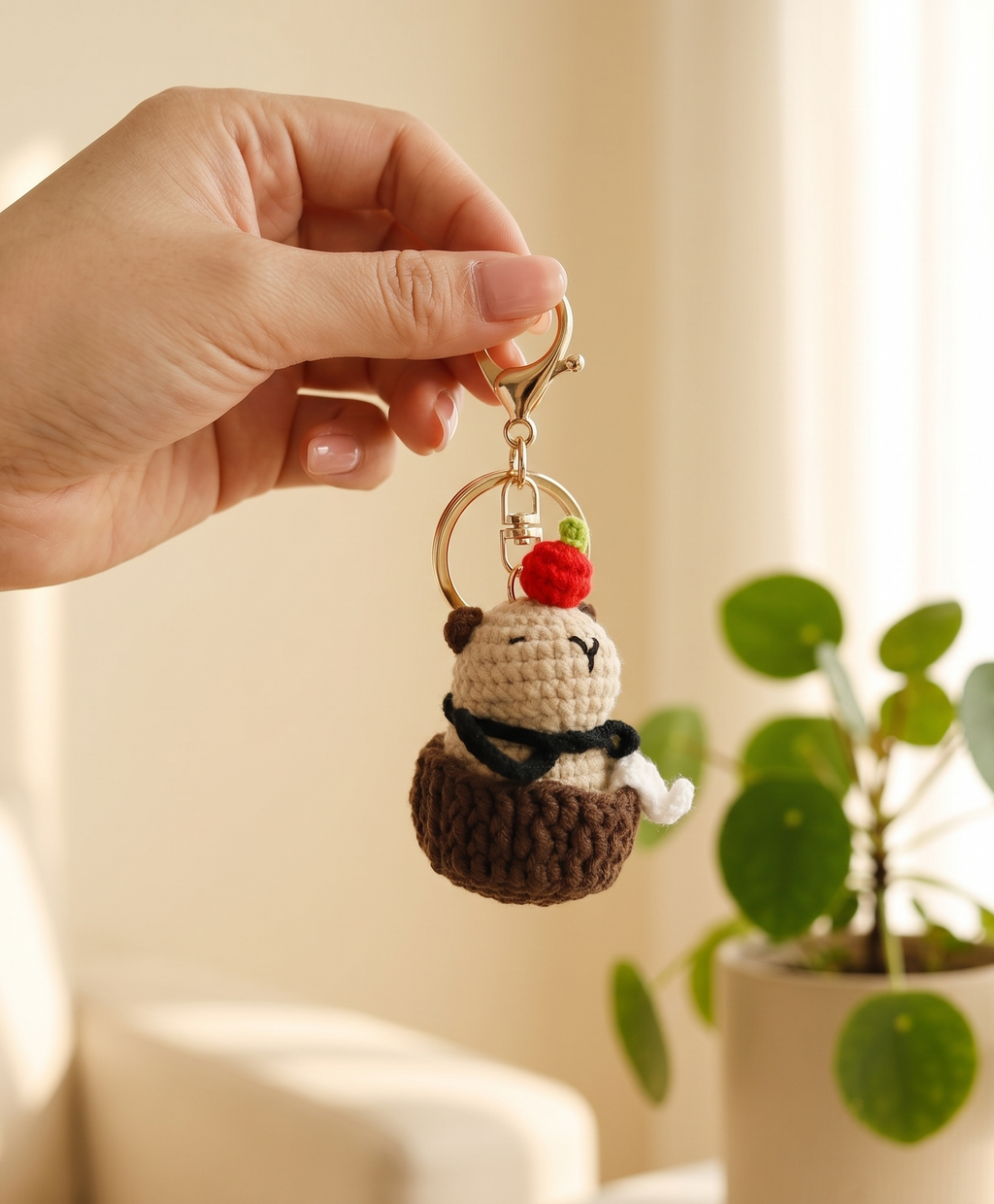Handmade capybara crochet keyring close-up detail