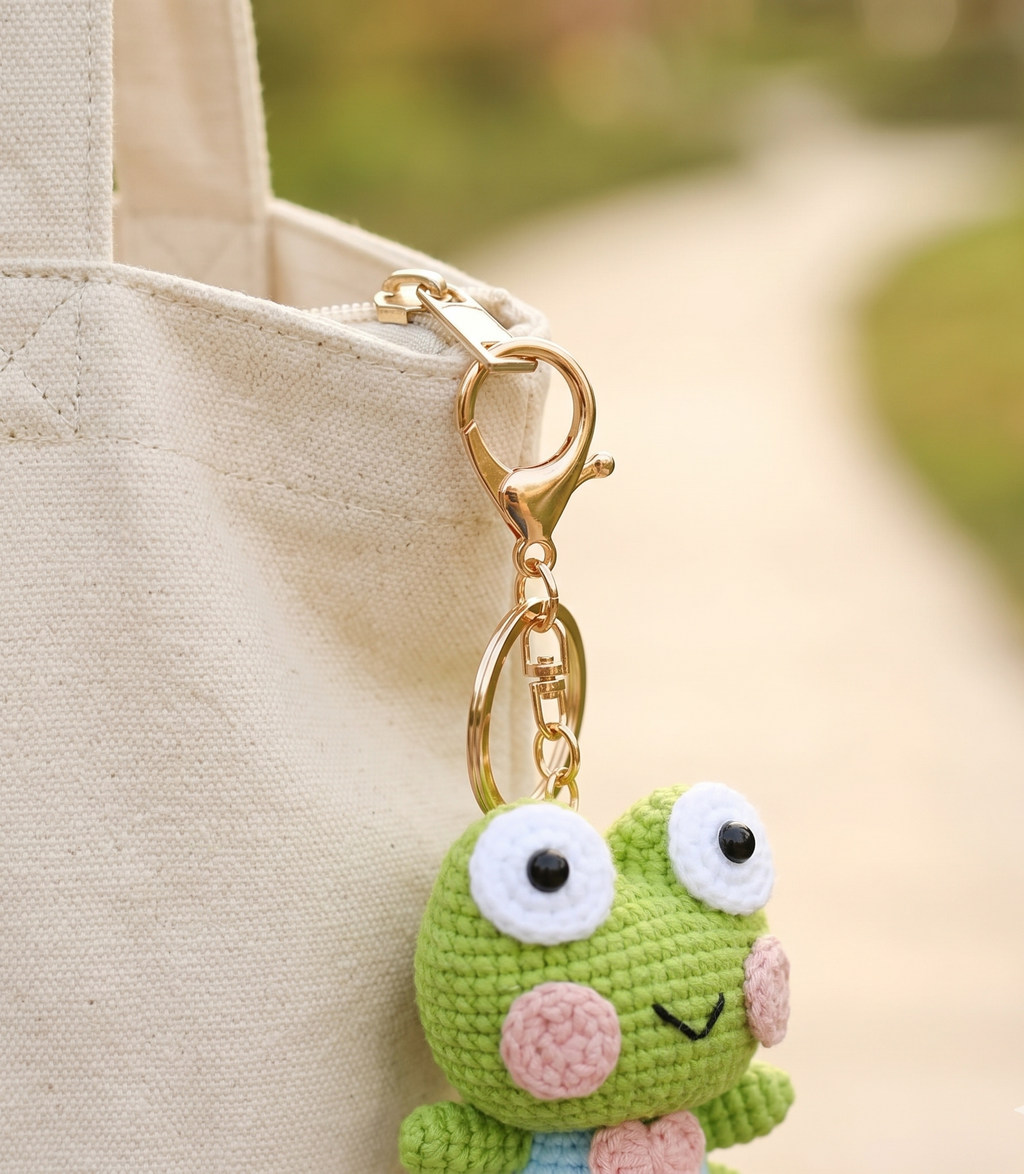 Crochet large frog keyring on plain background
