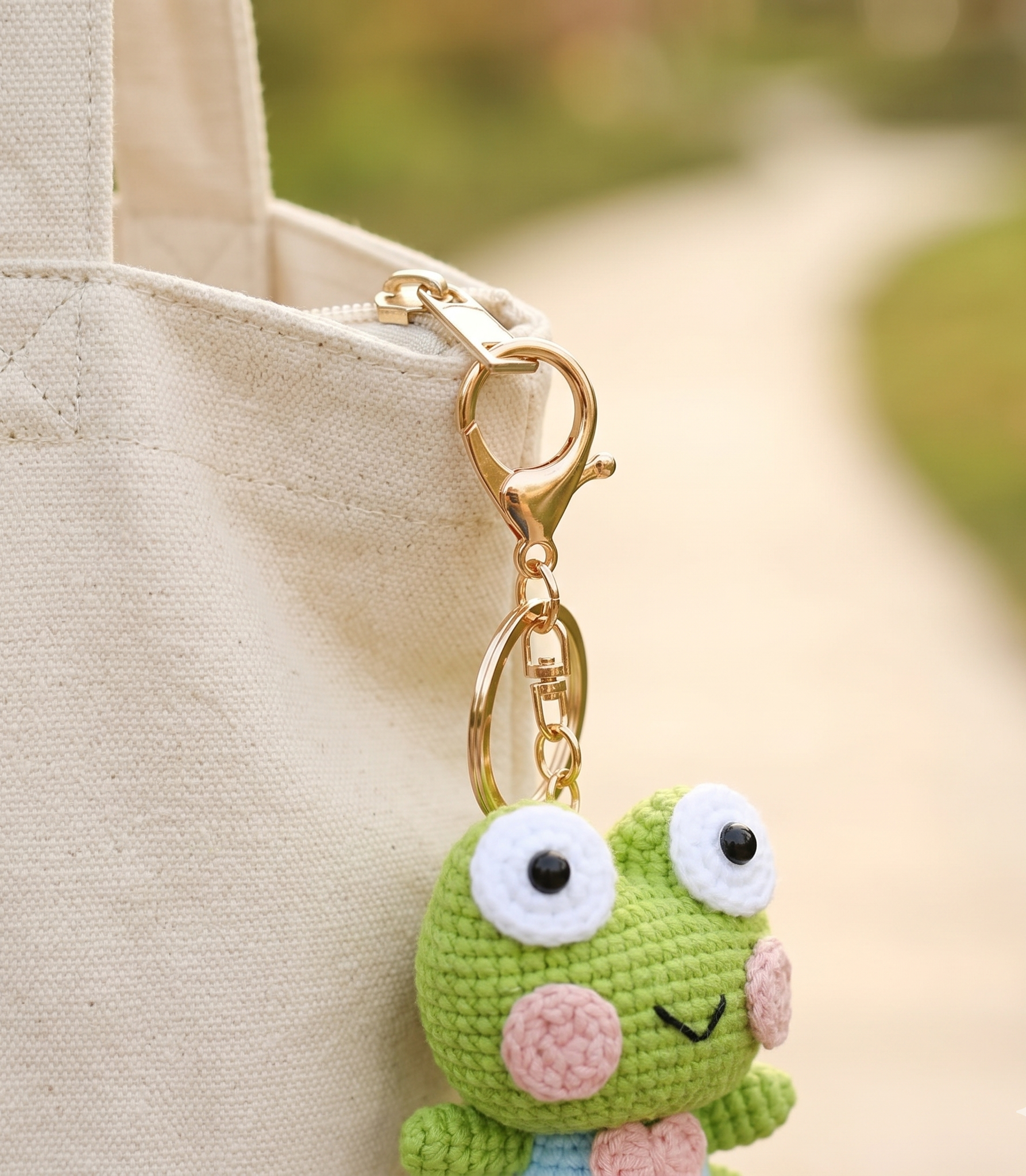 Crochet large frog keyring on plain background