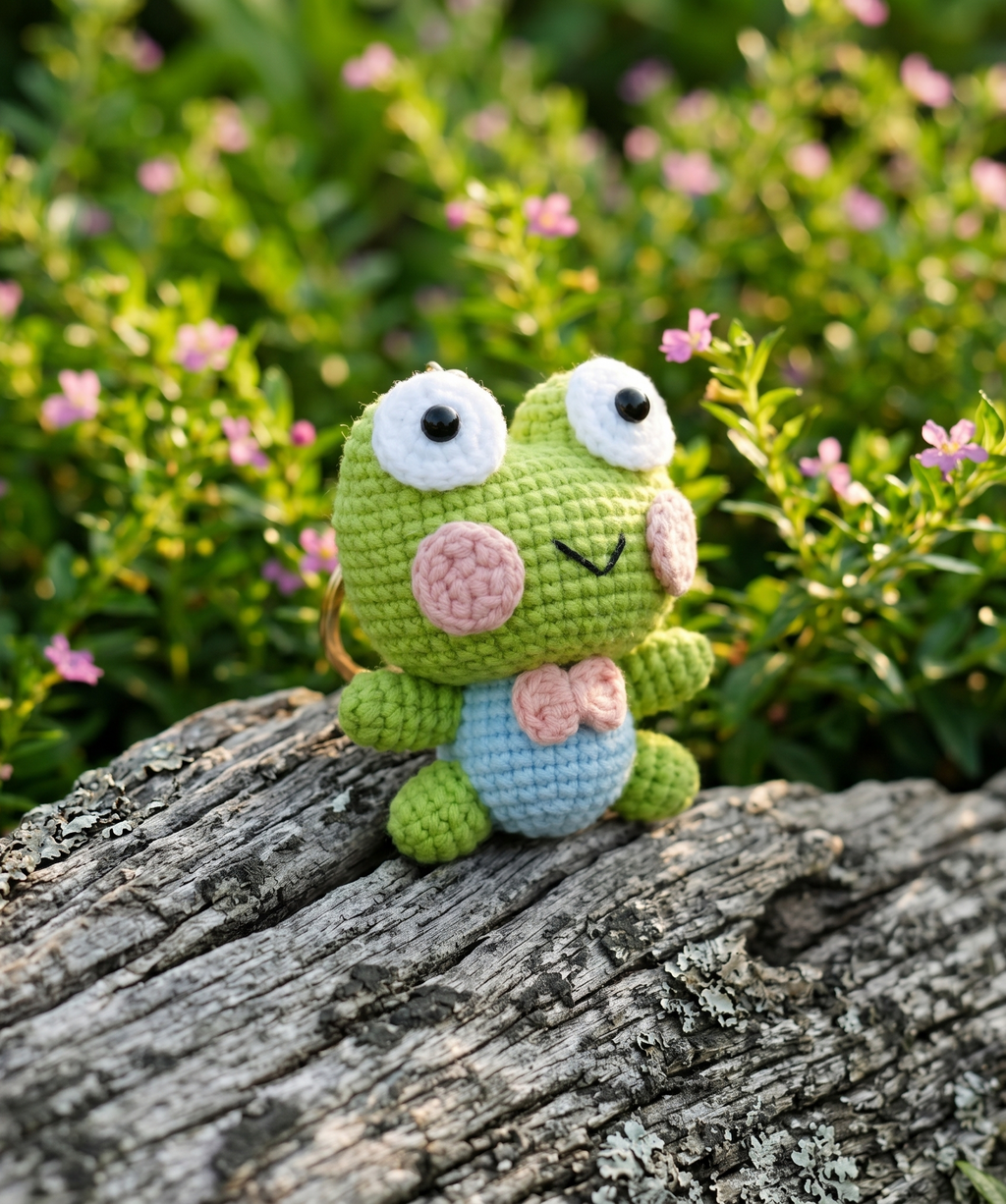 Handmade large frog crochet keyring close-up