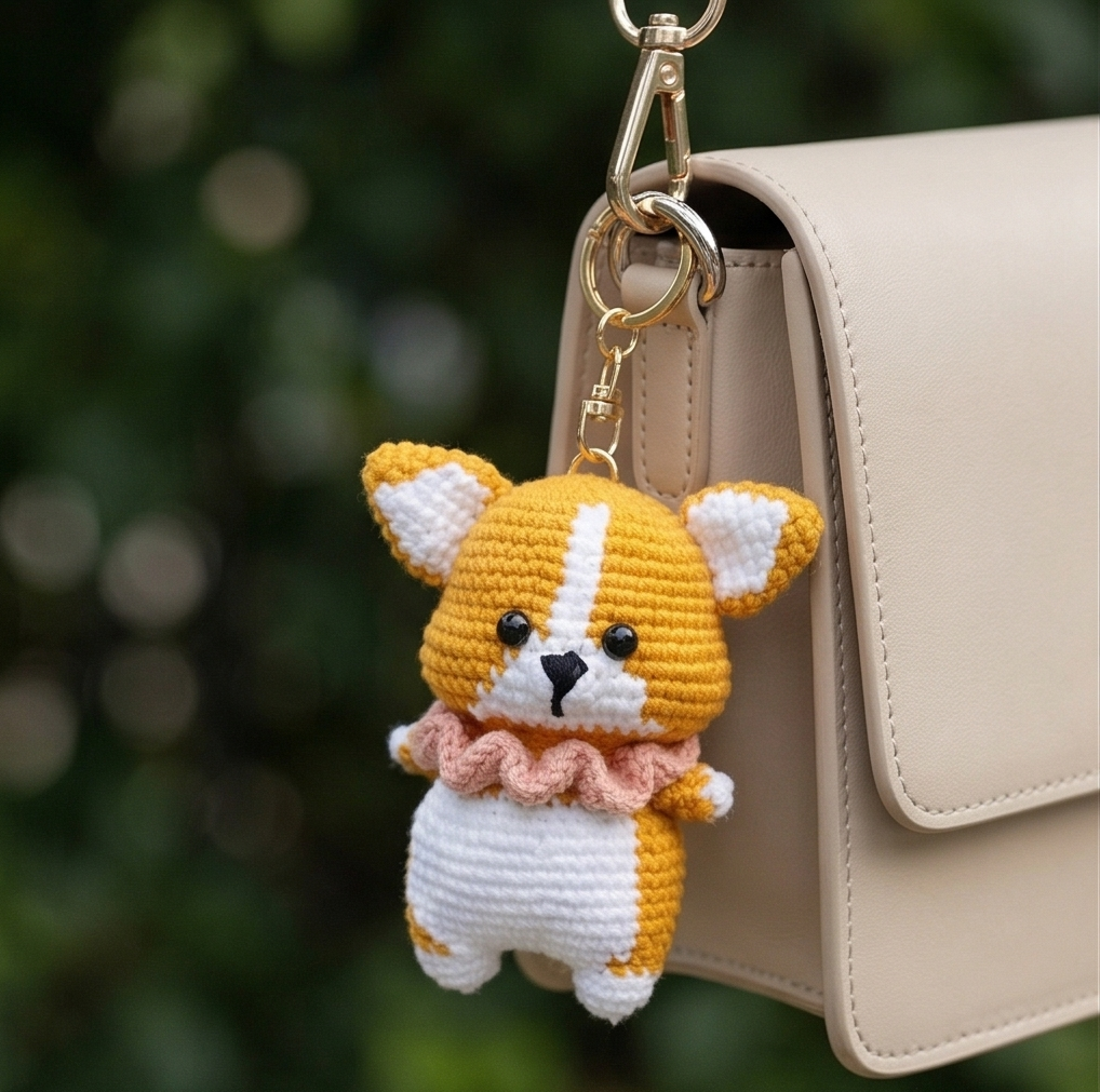 Handmade corgi crochet keyring side view