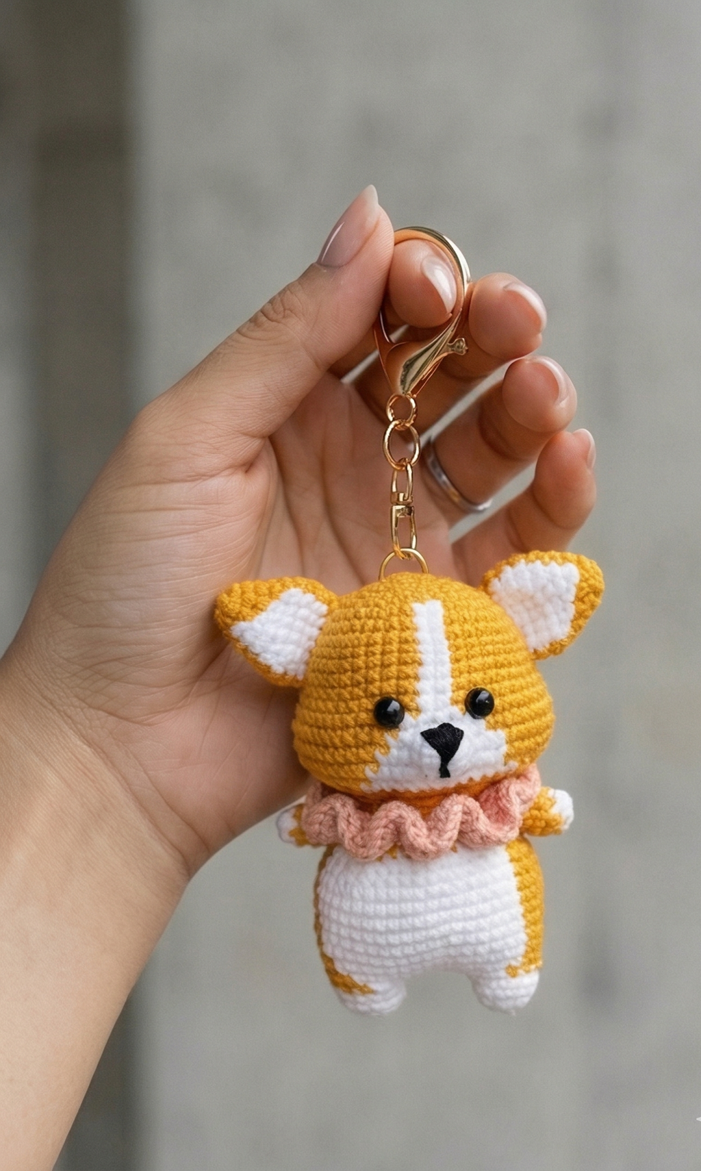 Handmade crochet corgi keyring in soft yarn
