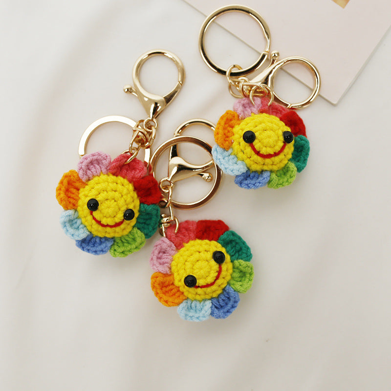 Crochet rainbow flower keyring front view