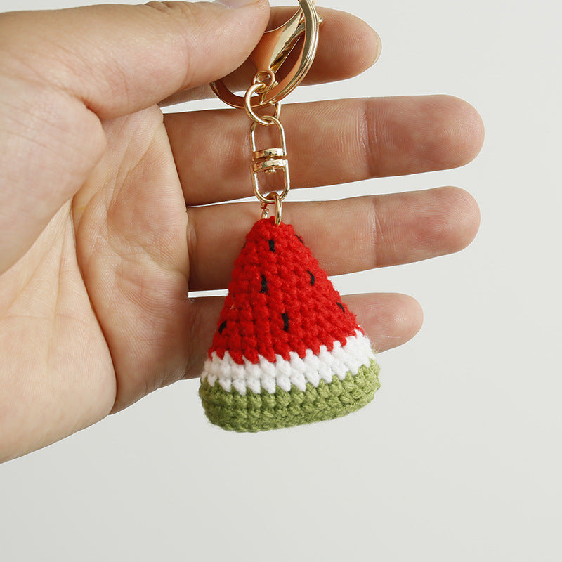 Handmade crochet watermelon keyring in green and pink yarn