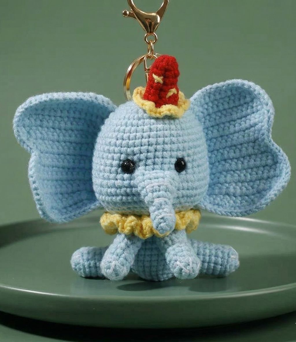 Crochet elephant keyring close-up showing ear detail