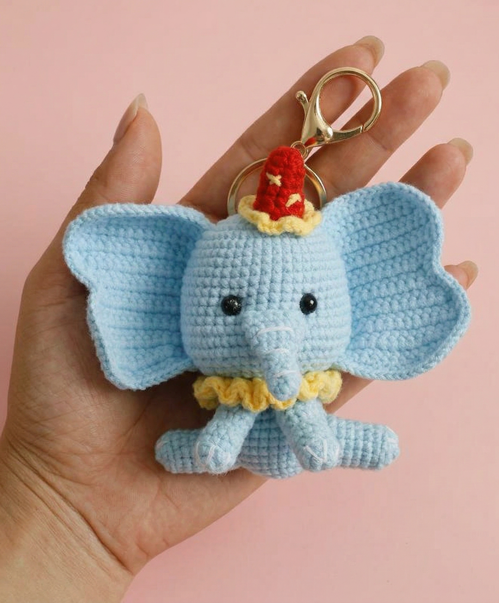 Handmade crochet elephant keyring in soft grey yarn