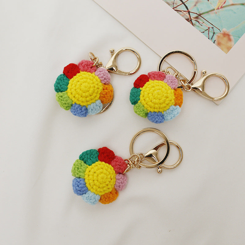 Crochet rainbow flower keyring suitable as bag charm