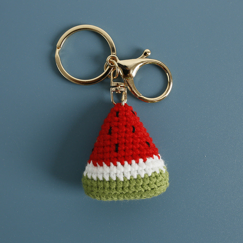 Handmade watermelon crochet keyring side view