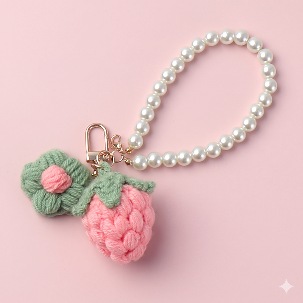 Handmade strawberry crochet keyring on plain background