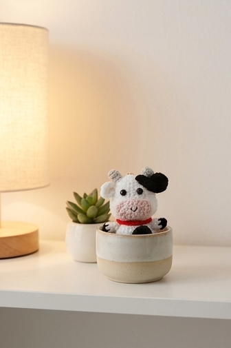 Handmade cow crochet keyring on plain background