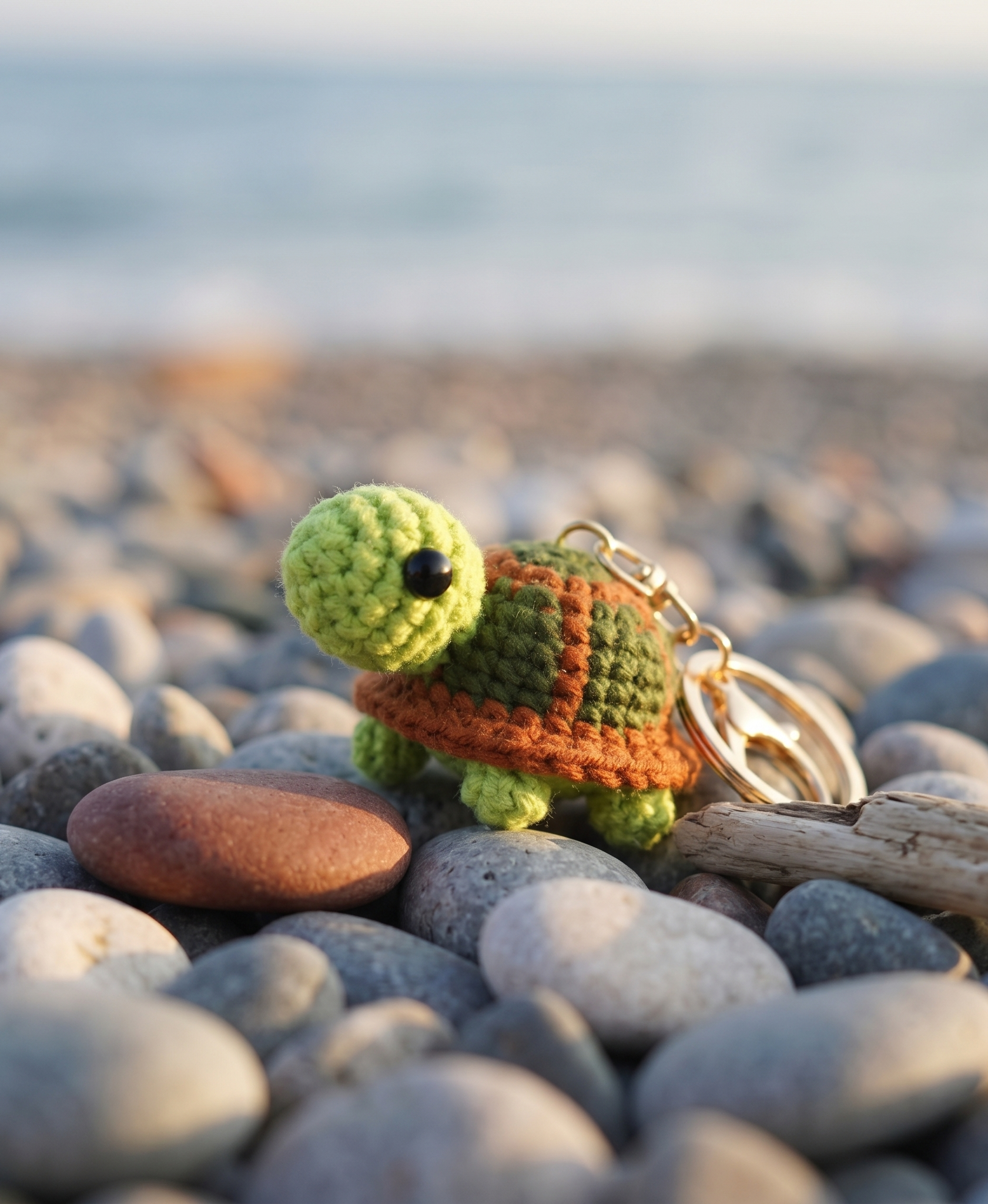 Handmade turtle crochet keyring close-up