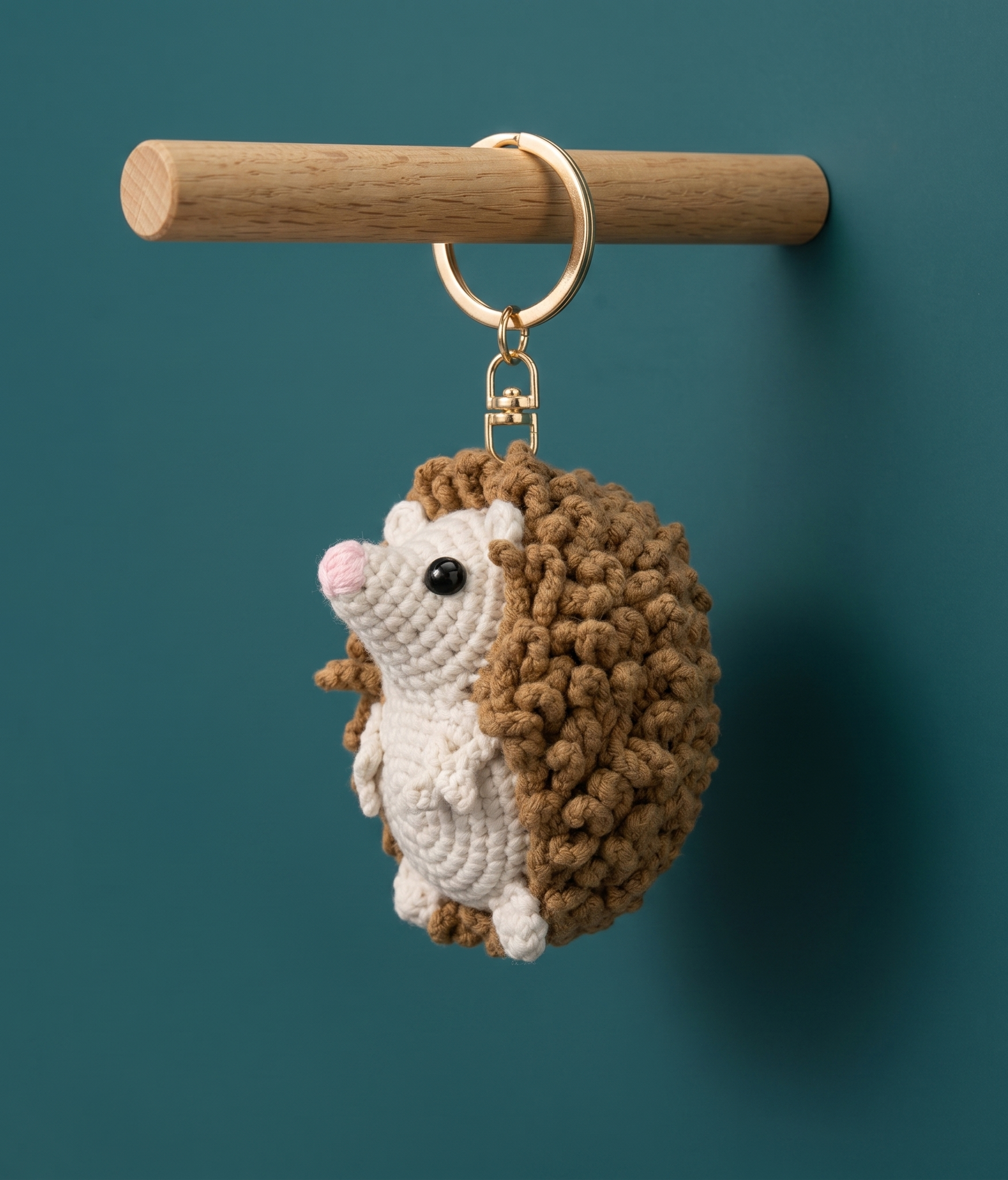Handmade crochet hedgehog keyring with textured spine in soft yarn