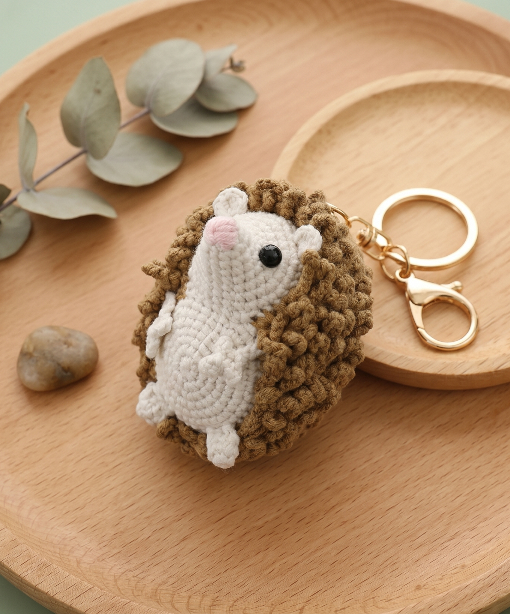 Crochet hedgehog keyring showing spine texture detail