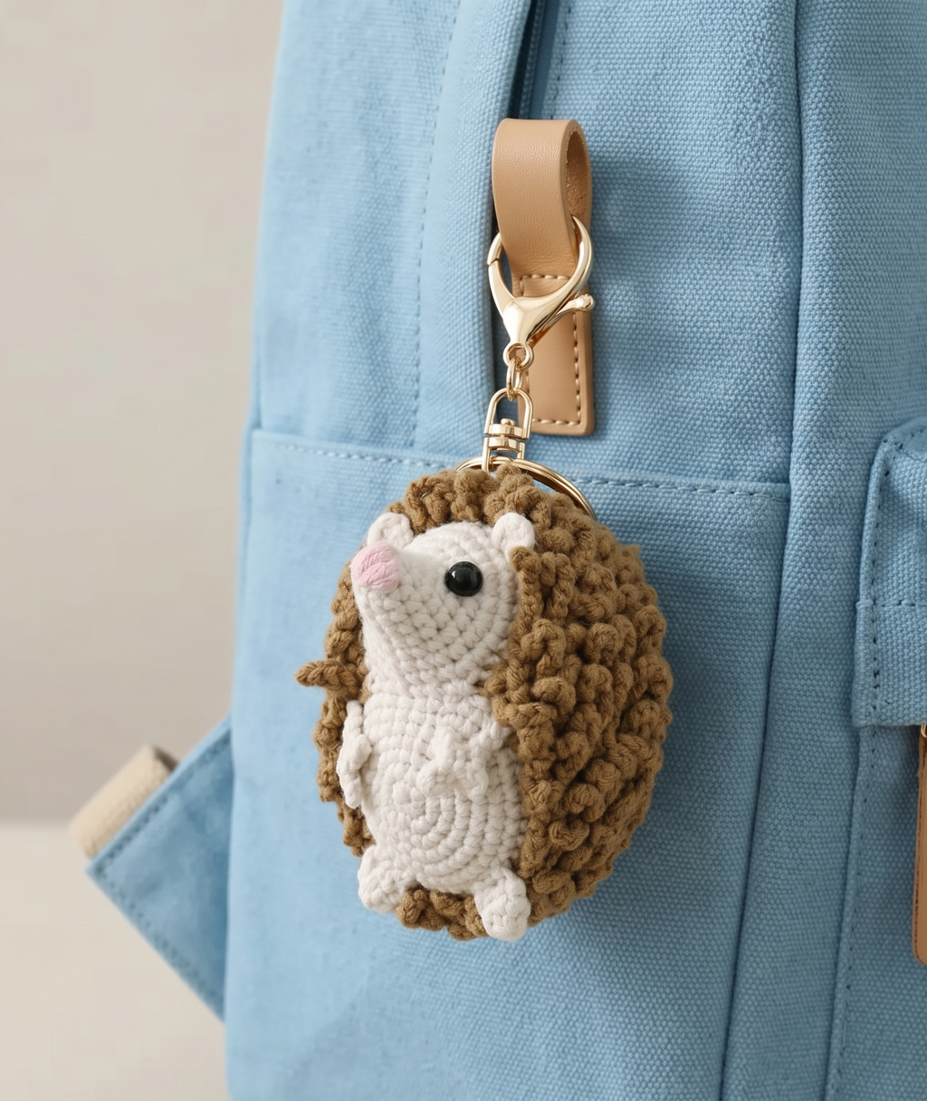 Crochet hedgehog keyring close-up showing face detail