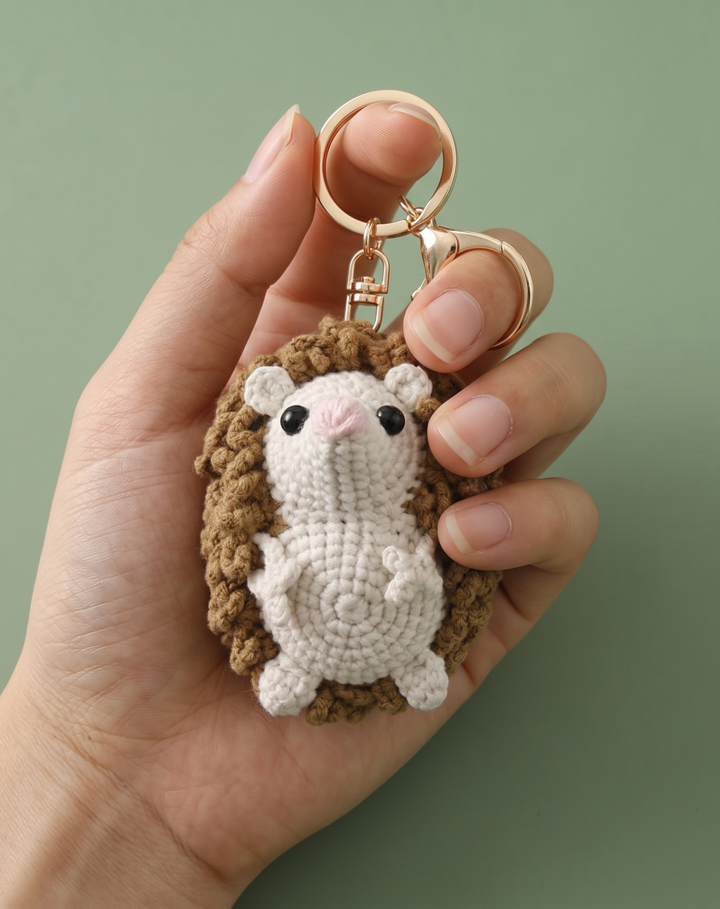 Handmade hedgehog crochet keyring on plain background