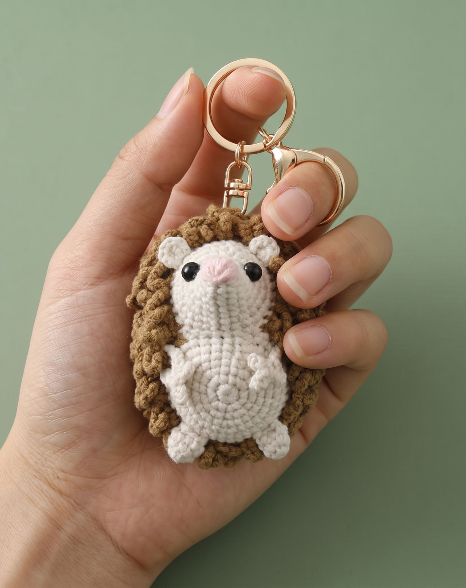 Handmade hedgehog crochet keyring on plain background