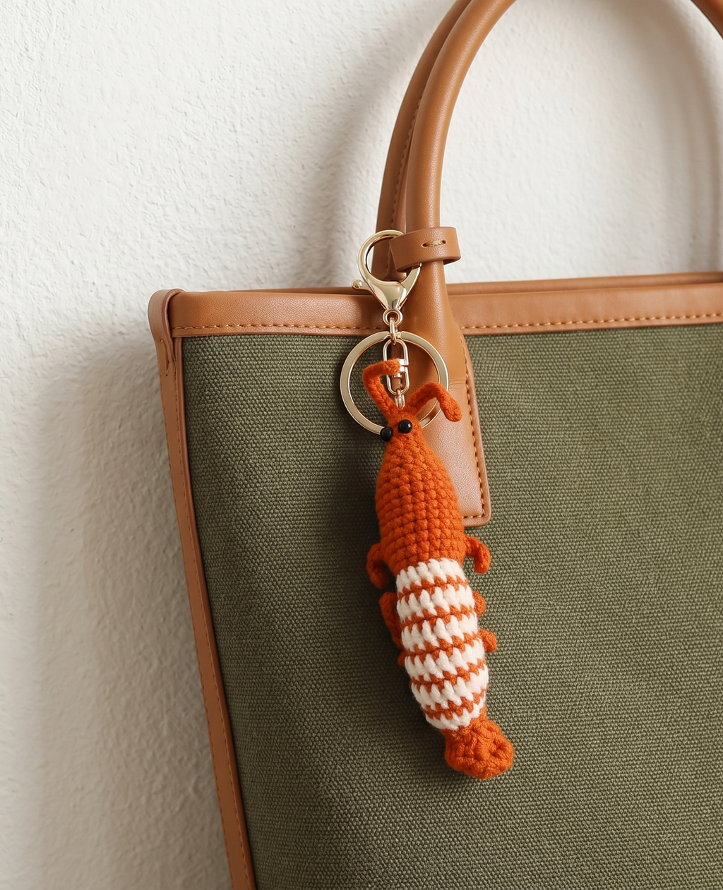 Handmade crochet shrimp keyring suitable as bag charm