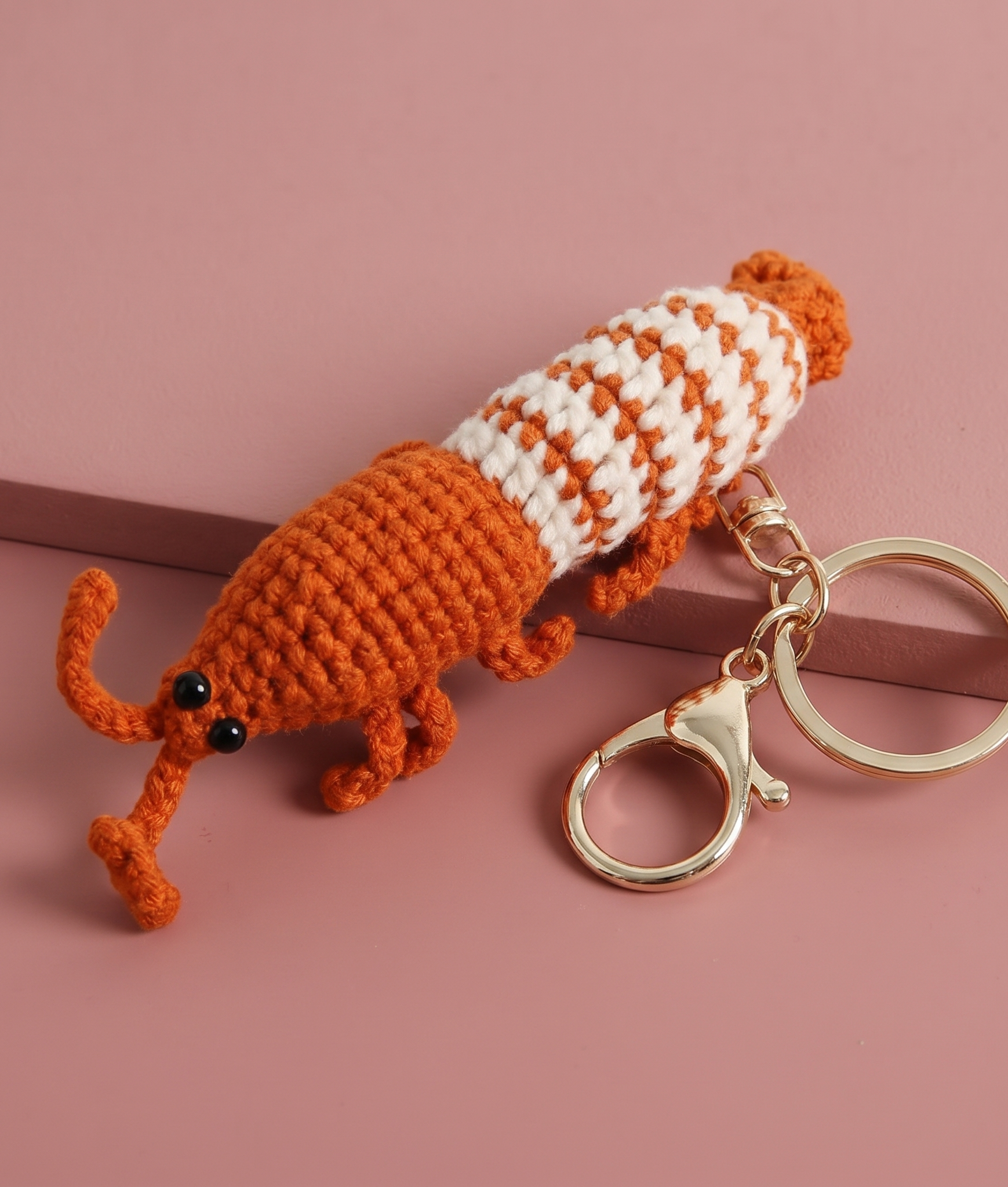 Crochet shrimp keyring close-up detail