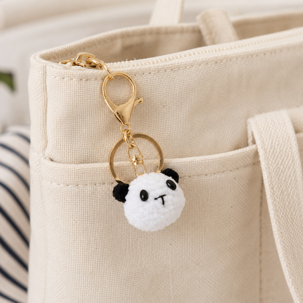Crochet panda head keyring as a bag charm
