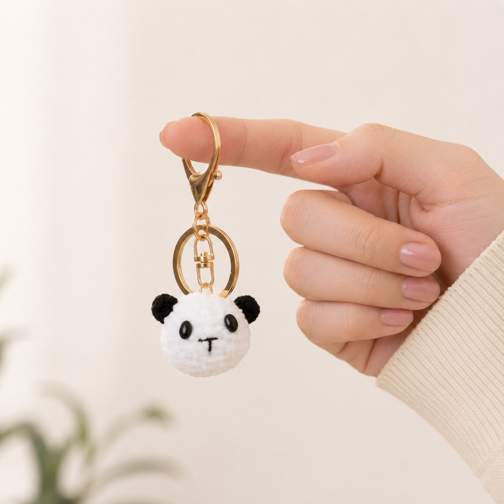 Handmade crochet panda head keyring in black and white yarn