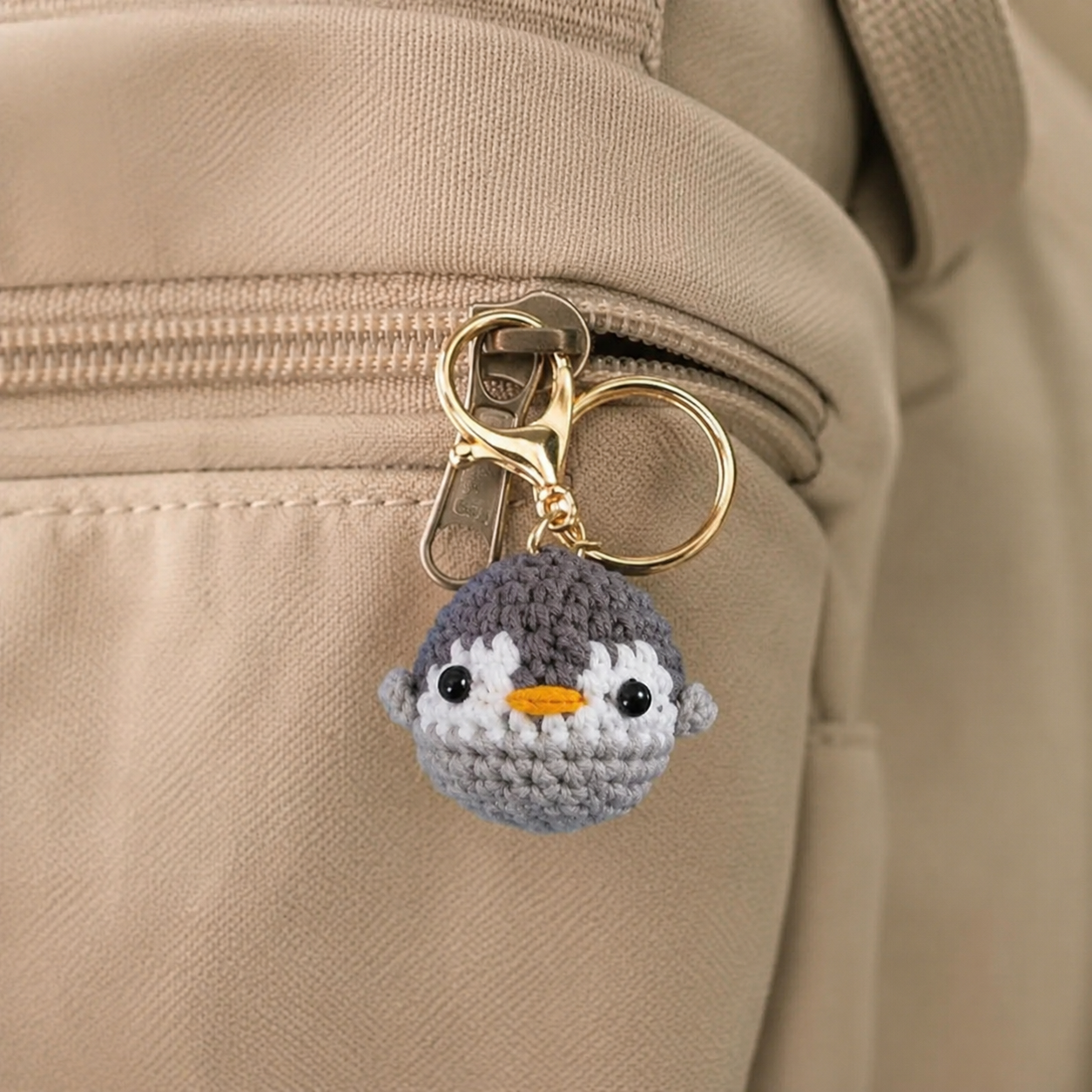 Handmade mini penguin crochet keyring on plain background