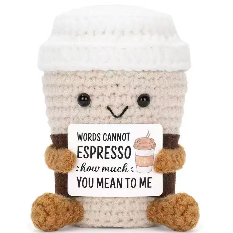 Handmade crochet espresso cup plushie in soft yarn