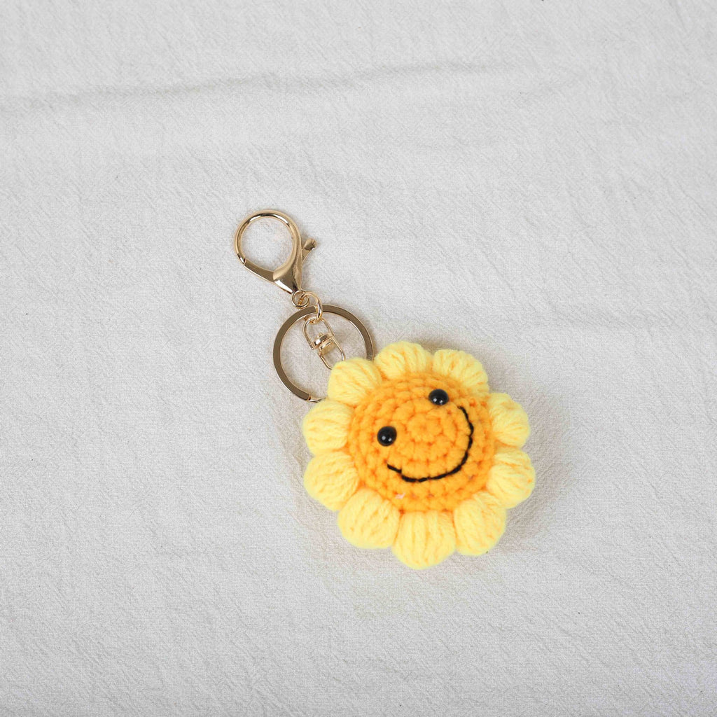Handmade smiley sunflower crochet keyring suitable as bag charm