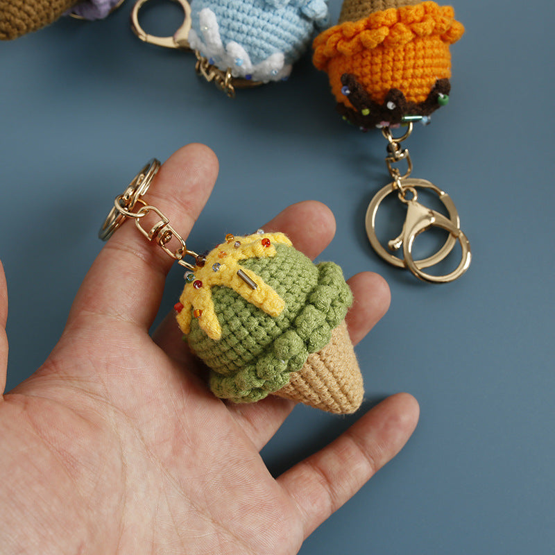Crochet ice cream cone keyring close-up detail
