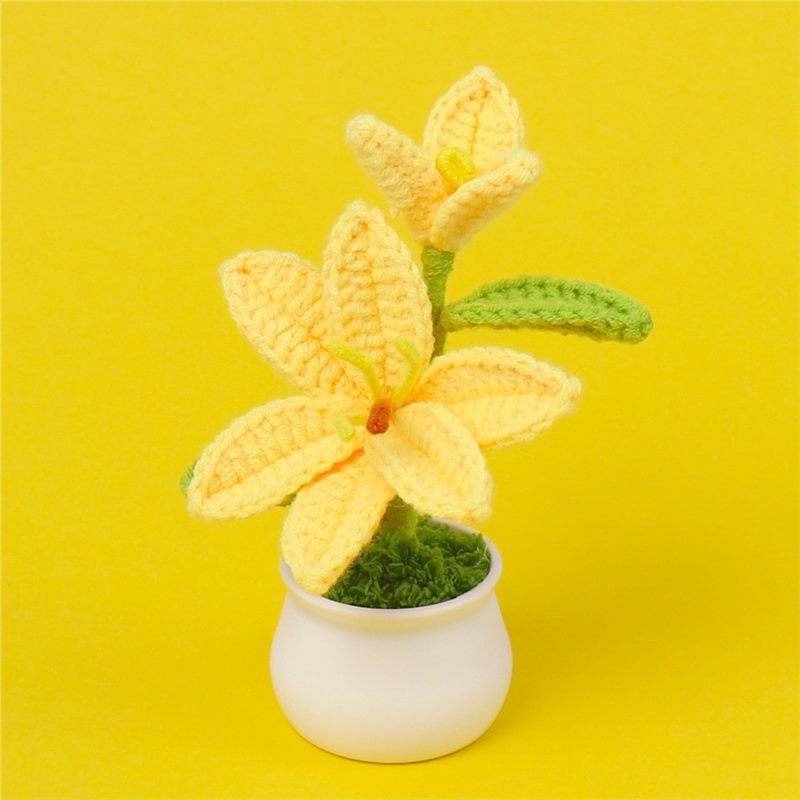 Crochet lily pot showing multiple blooms on one stem