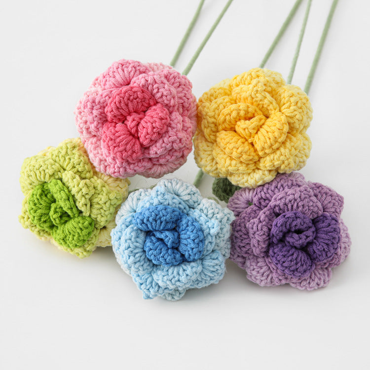 Handmade crochet rose stem no.2 with open bloom in soft yarn