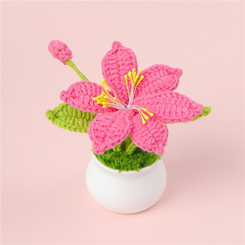 Handmade crochet lily plant pot on display