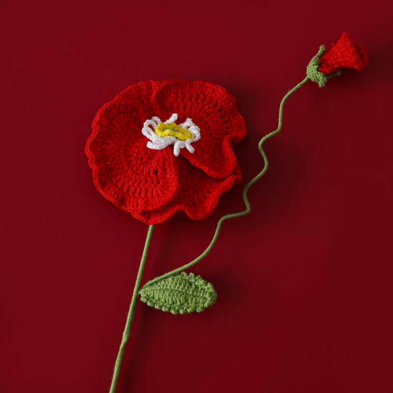 Large handmade crochet poppy stem with wide red petals