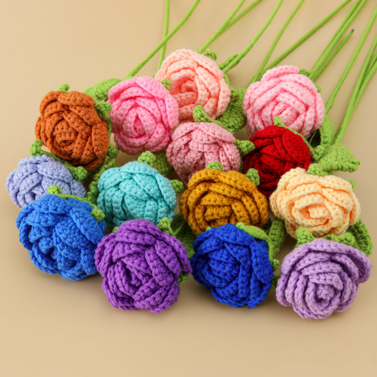 Handmade crochet rose stem with full bloom in soft yarn